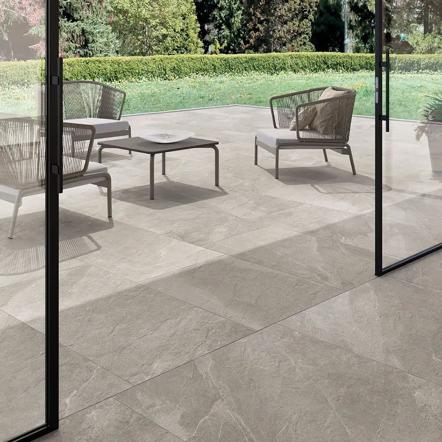 patio with gray concrete tiles